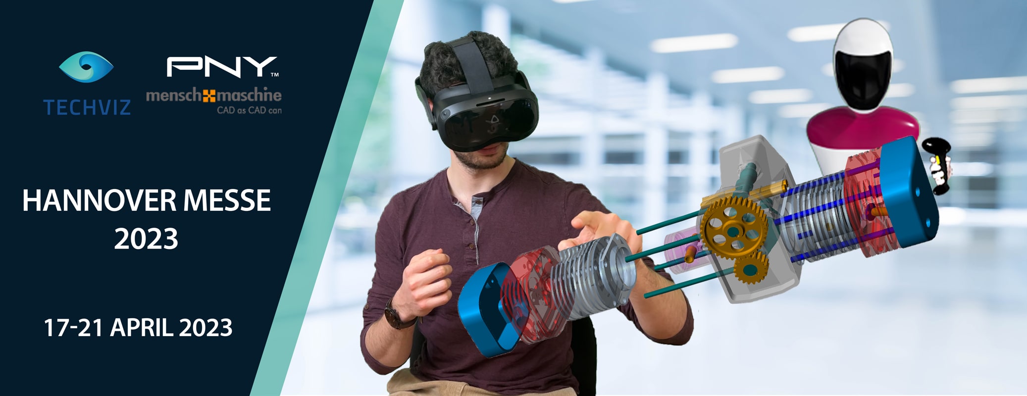 two engineers in virtual reality one wearing a HTC vive focus 3 headset and the other in the form of a virtual avatar are working together on a 3D model of a motor